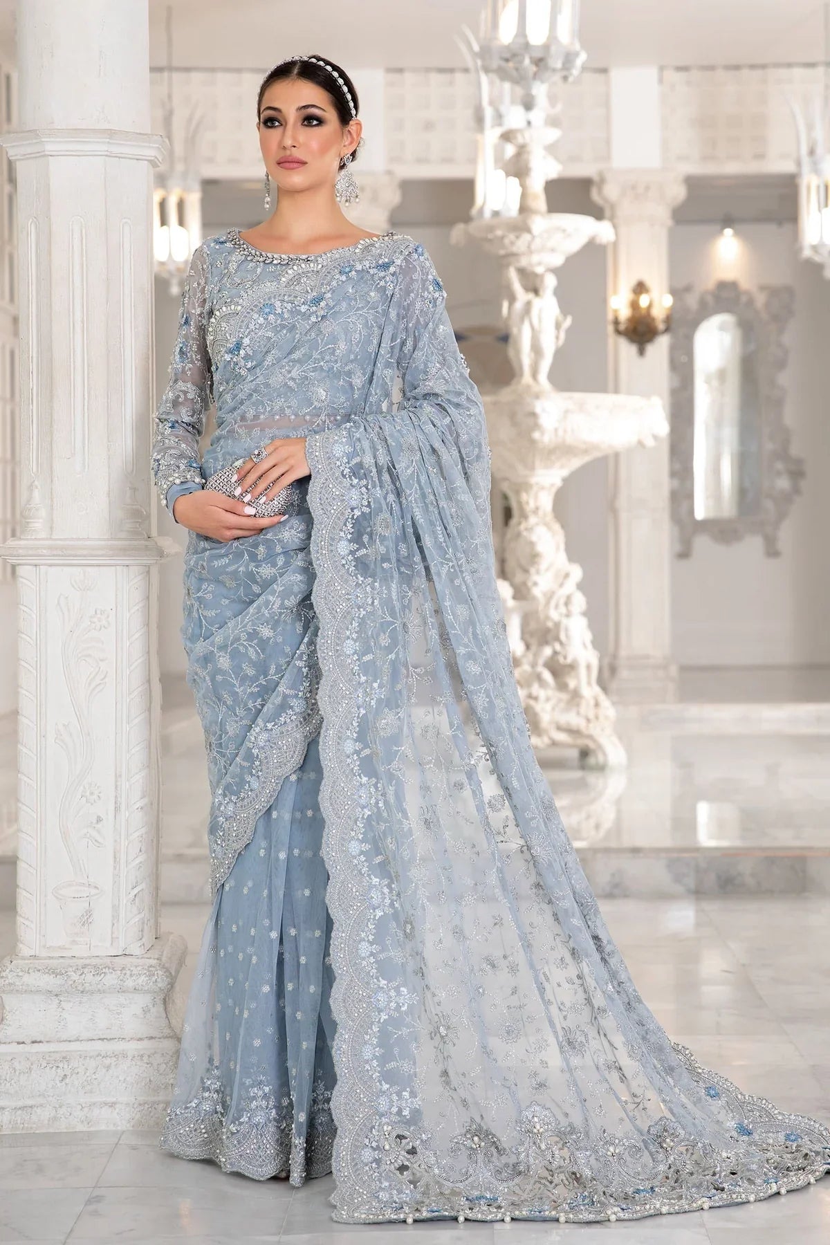 Maria B Ice Blue Exclusive Net Saree 9