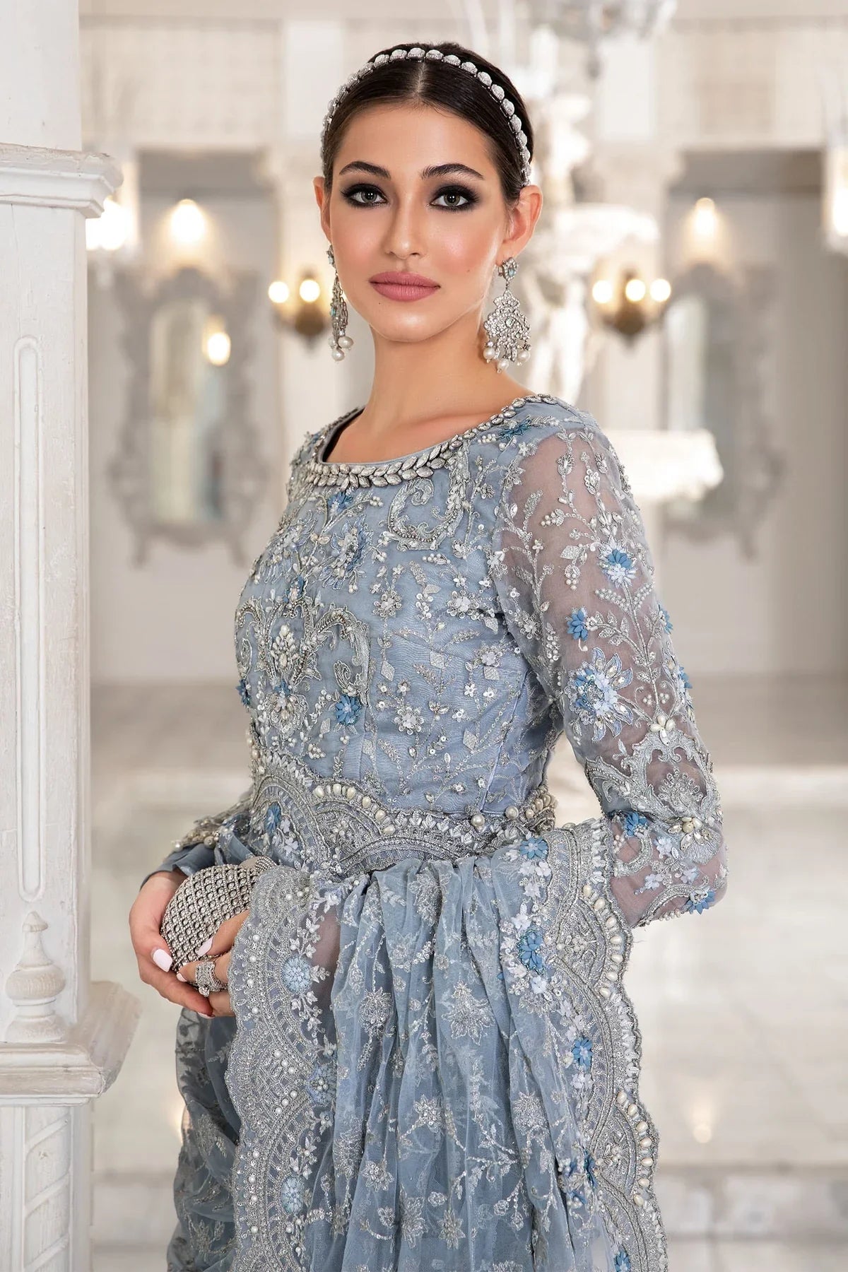 Maria B Ice Blue Exclusive Net Saree 9