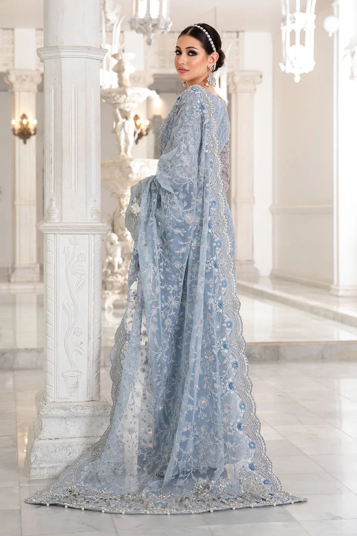 Maria B Ice Blue Exclusive Net Saree 9