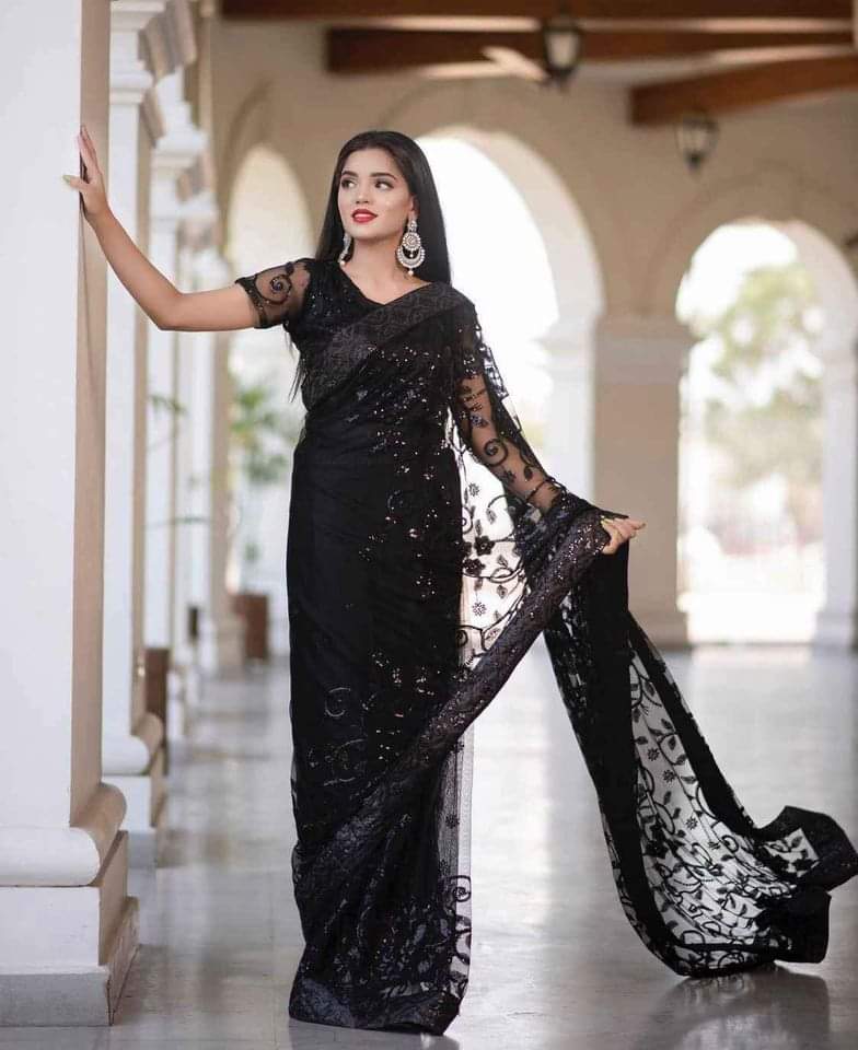 Black Soft Net Sequence Work Saree ayeza khan