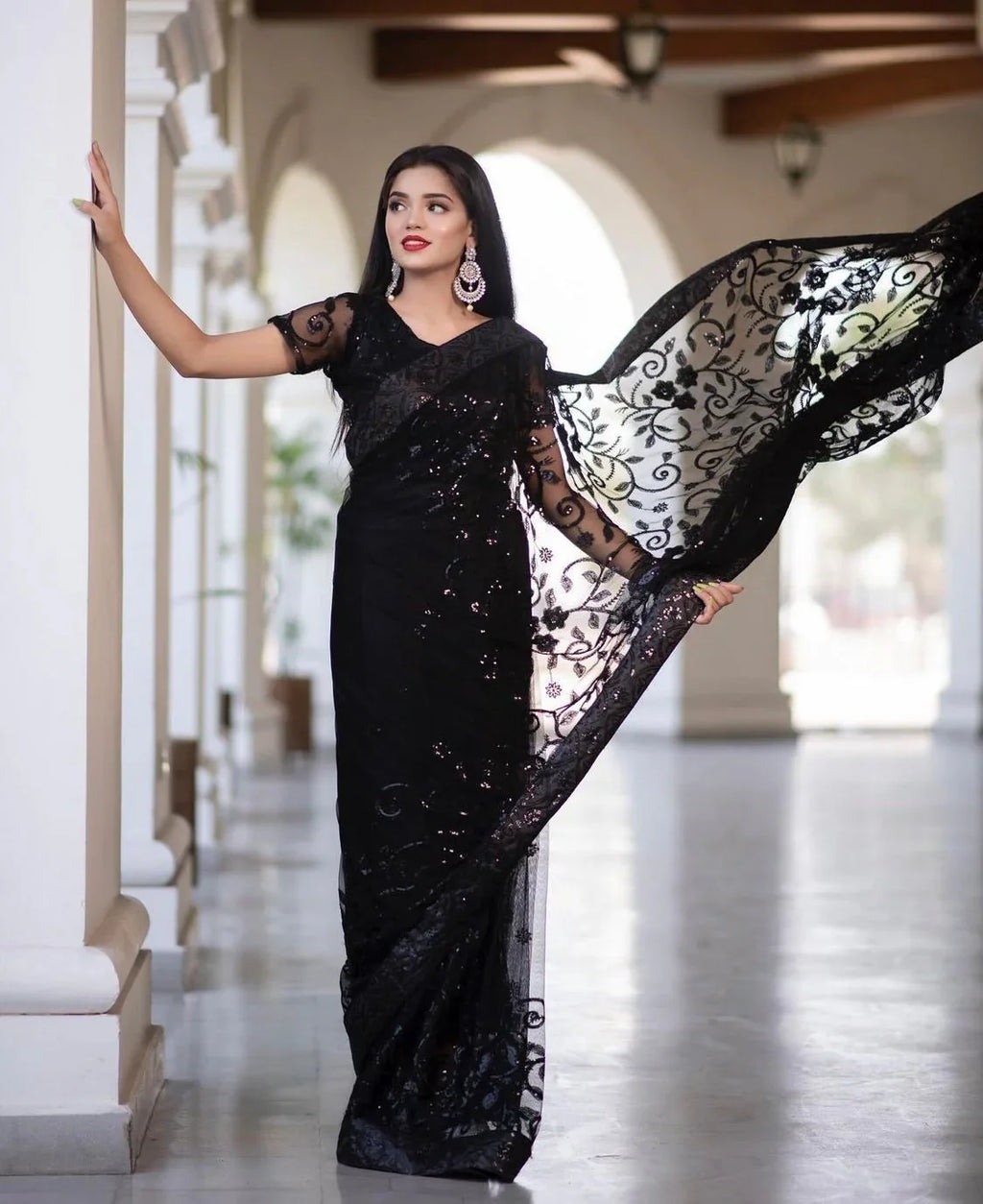 Black Soft Net Sequence Work Saree ayeza khan