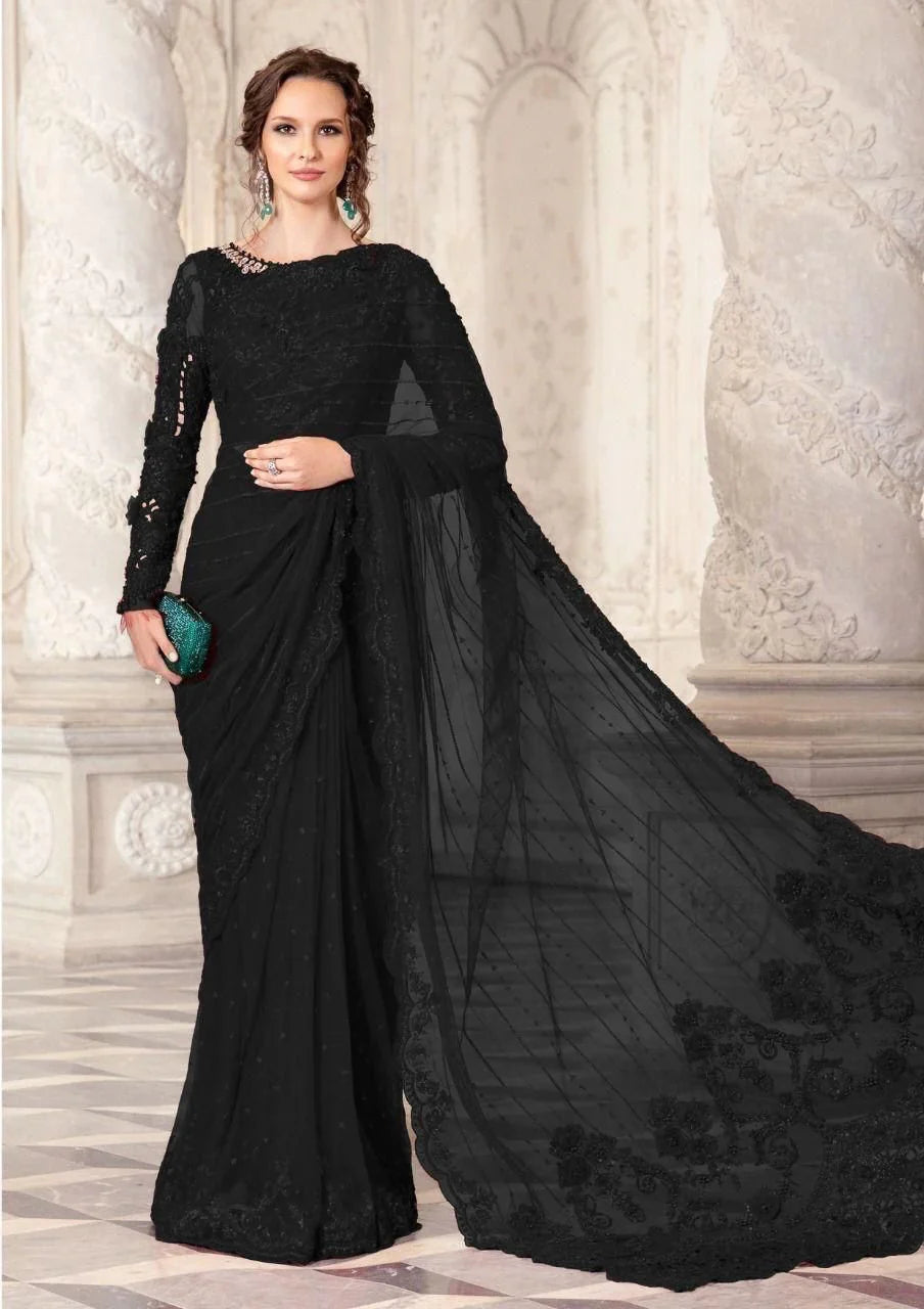 Maria B Soft Net Embroidery Saree Black 11