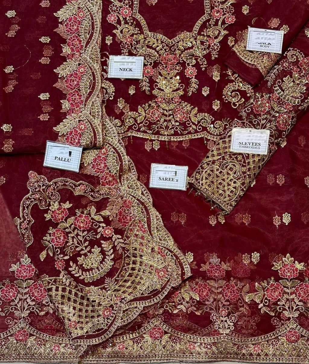 Maria b Maroon Exclusive Saree Soft Net 5