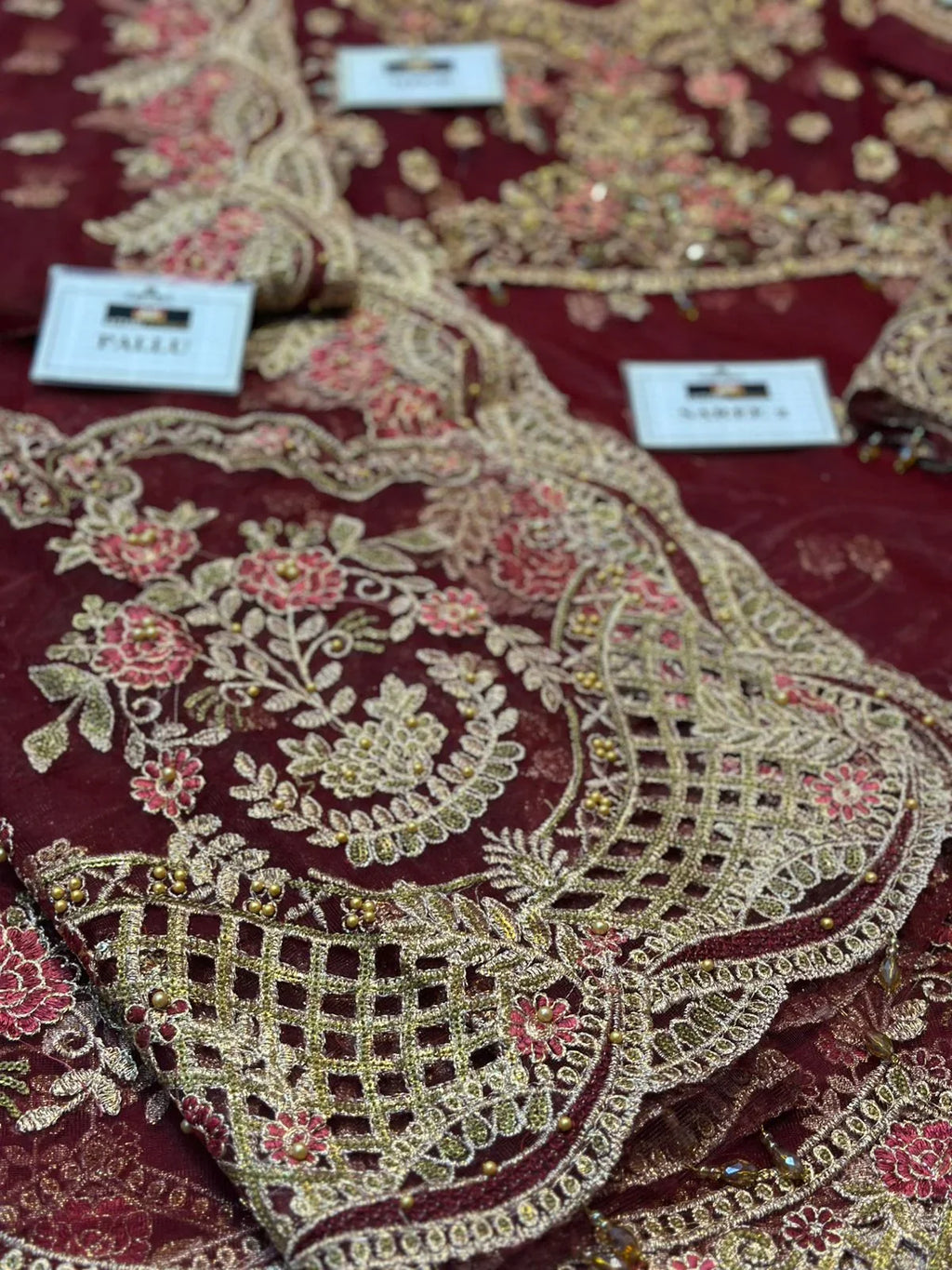 Maria b Maroon Exclusive Saree Soft Net 5