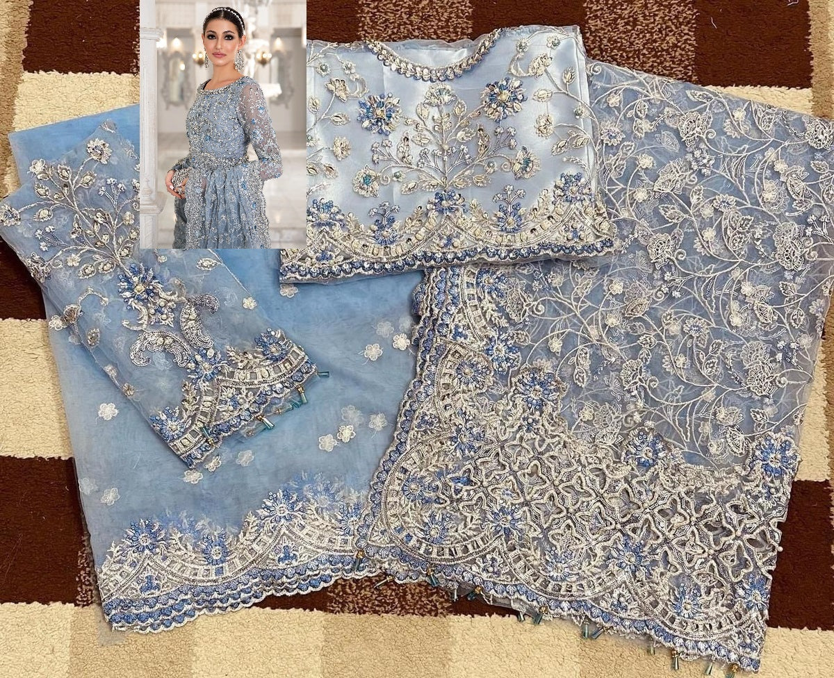 Maria B Ice Blue Exclusive Net Saree 9