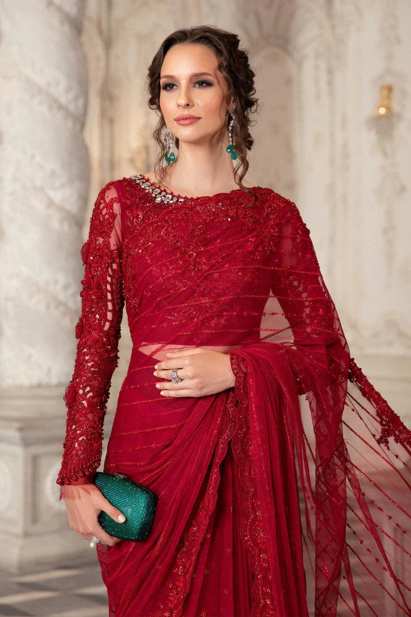 Maria B Soft Net Embroidery Saree Red 10