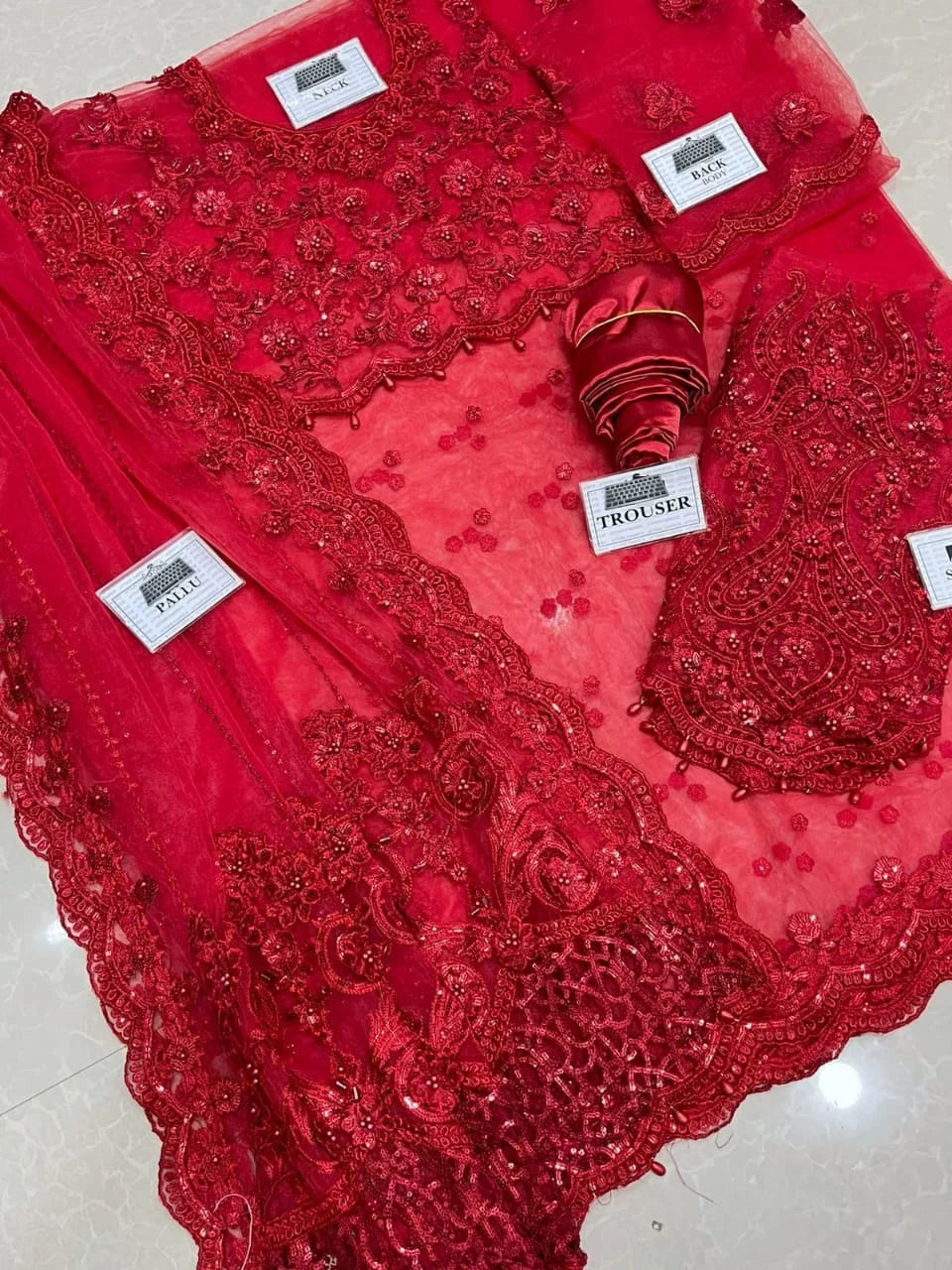 Maria B Soft Net Embroidery Saree Red 10